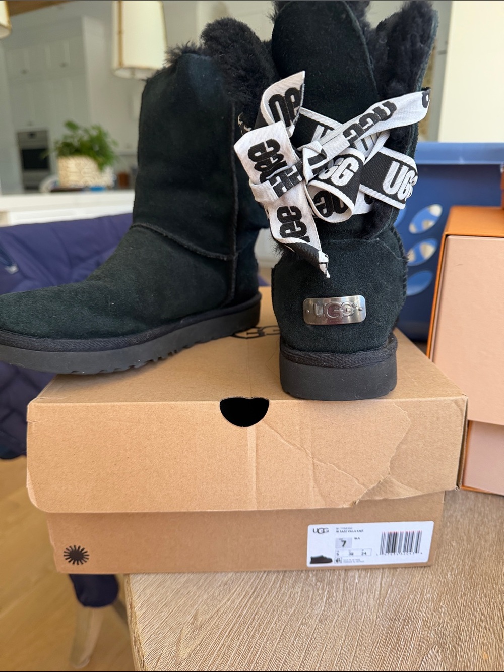 UGG Black Suede Shearling Ribbon Lace Boots
